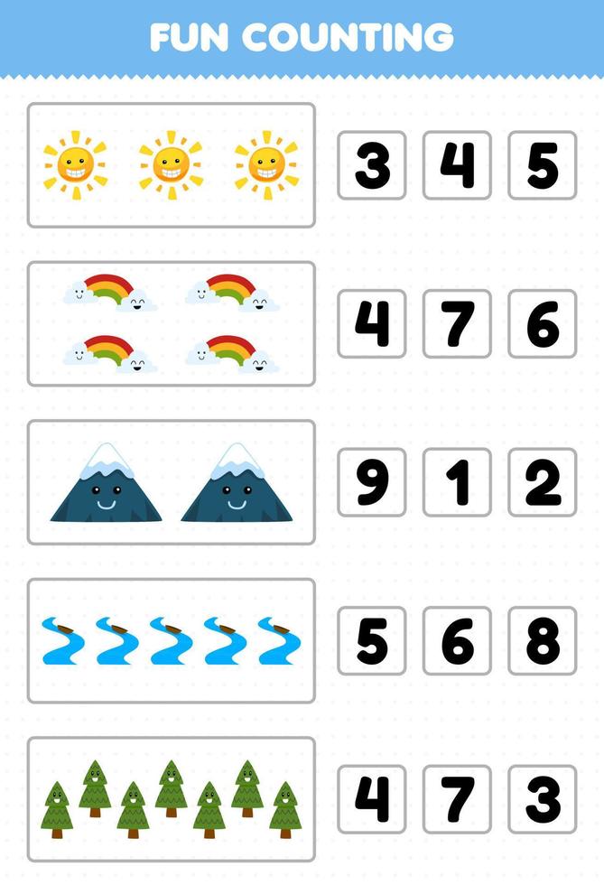 Education game for children fun counting and choosing the correct number of cute cartoon sun rainbow mountain river tree printable nature worksheet vector