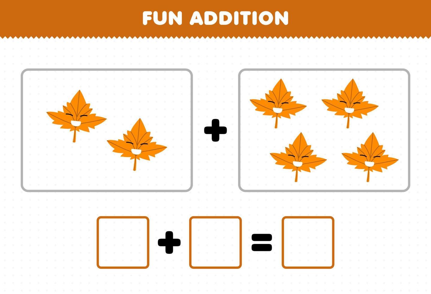 Education game for children fun addition by counting cute cartoon maple leaf pictures printable nature worksheet vector