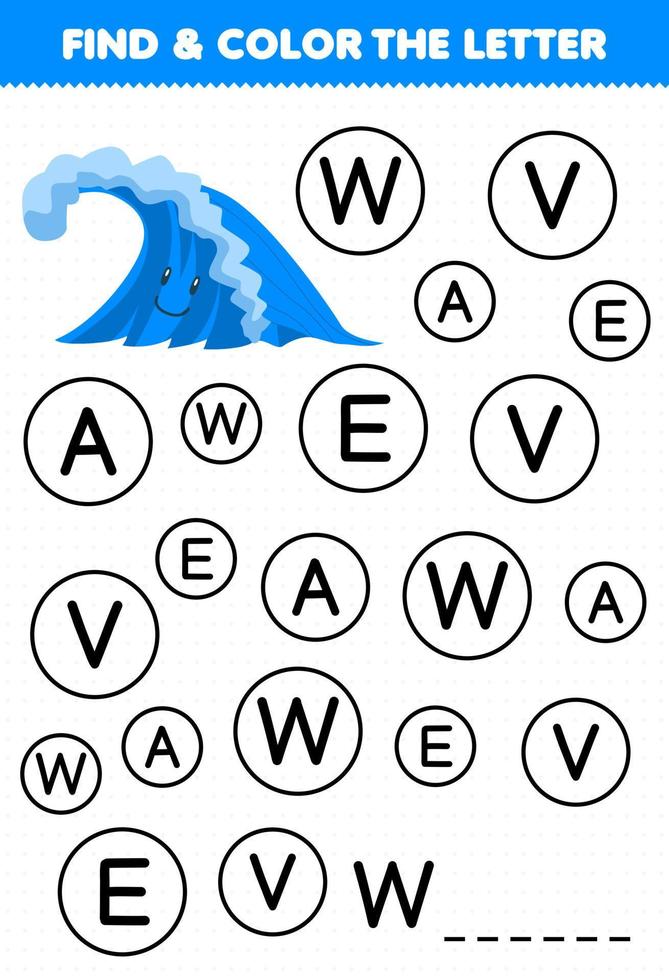 Education game for children find and color letter W for wave printable nature worksheet vector