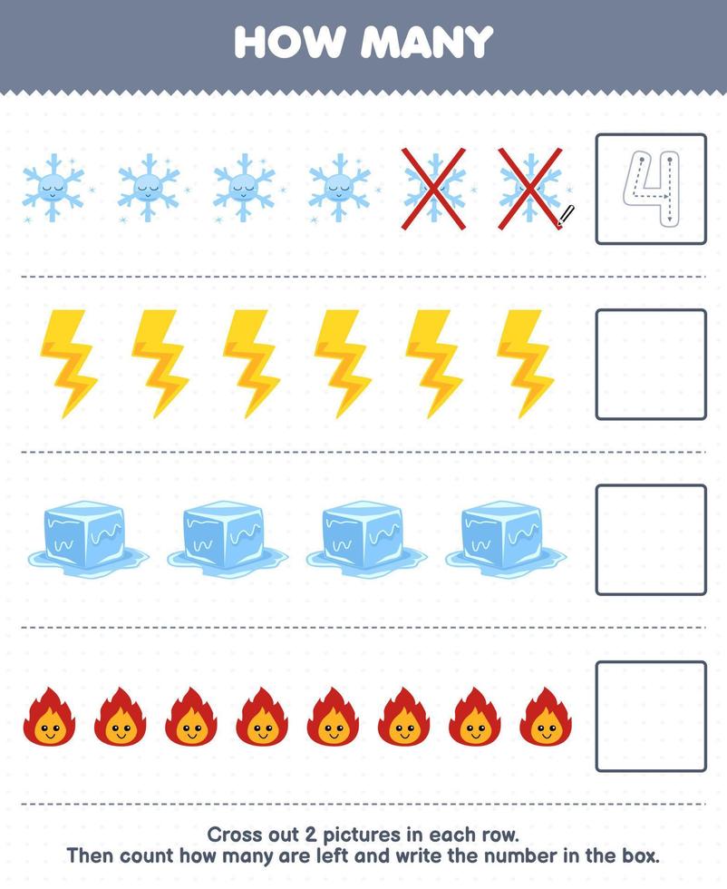 Education game for children count how many cute cartoon snowflake thunder ice fire and write the number in the box printable nature worksheet vector