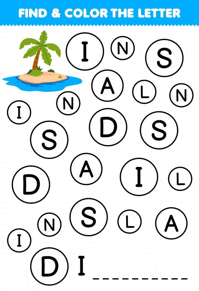 Education game for children find and color letter I for island printable nature worksheet vector