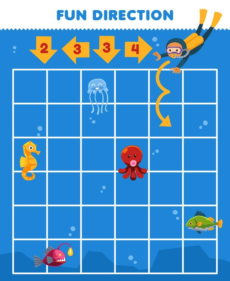 juego educativo para niños diversión dirección ayuda lindo dibujo animado buzo profesional moverse de acuerdo con los números en las flechas hoja de trabajo subacuática imprimible vector