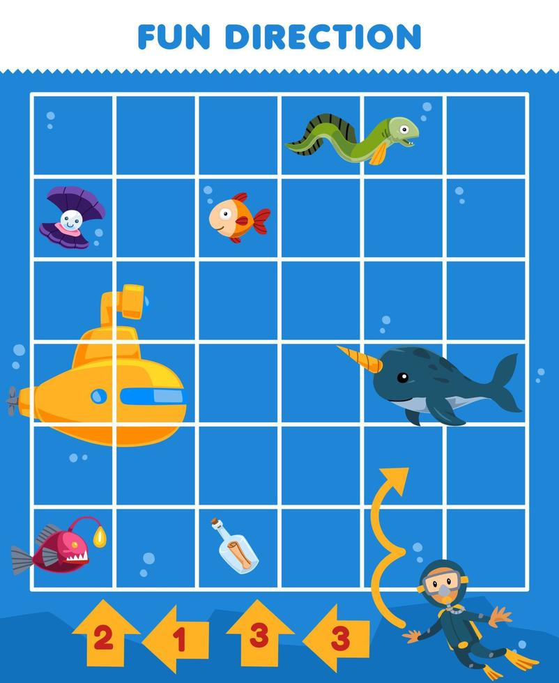Education game for children fun direction help cute cartoon diver move according to the numbers on the arrows printable underwater worksheet vector
