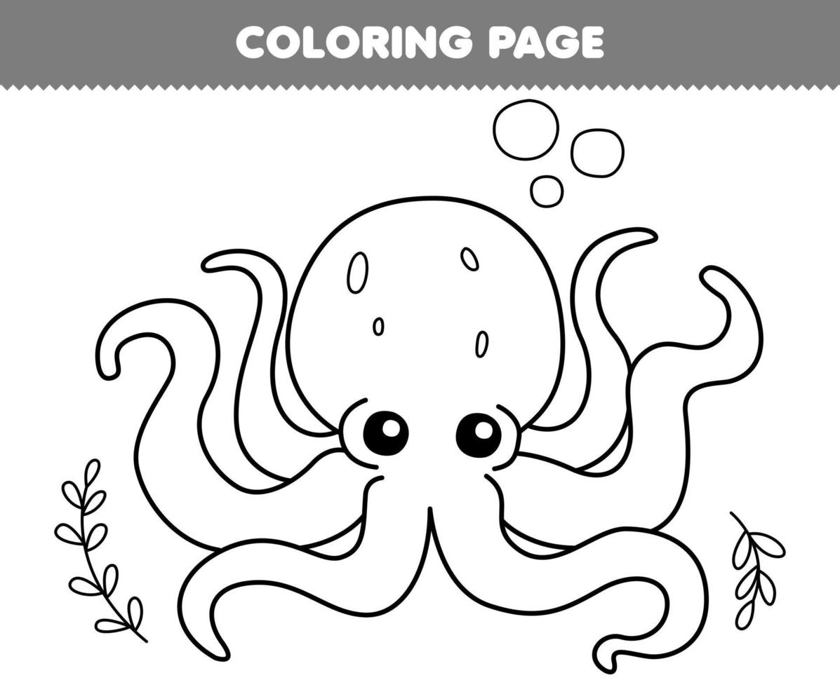 Education game for children coloring page of cute cartoon octopus line art printable underwater worksheet vector