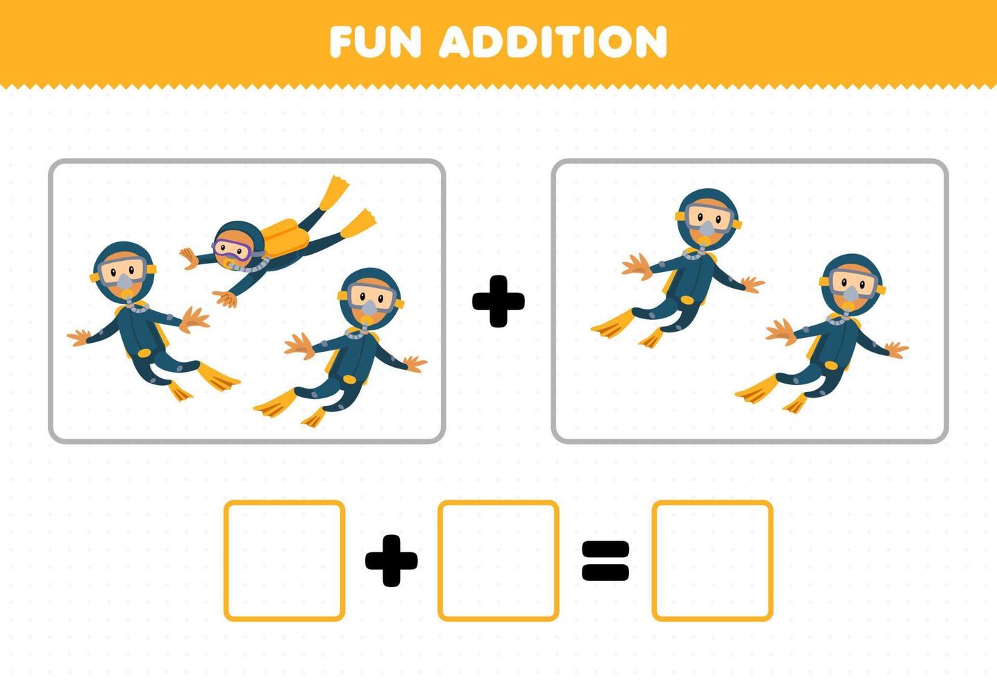 Education game for children fun addition by counting cute cartoon diver pictures printable underwater worksheet vector