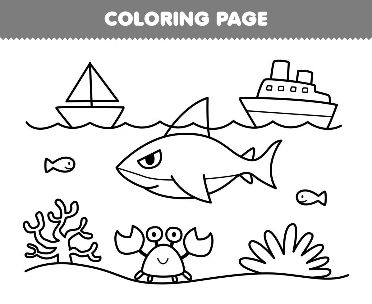 Education game for children coloring page of cute cartoon underwater scene with shark and crab line art printable nature worksheet vector