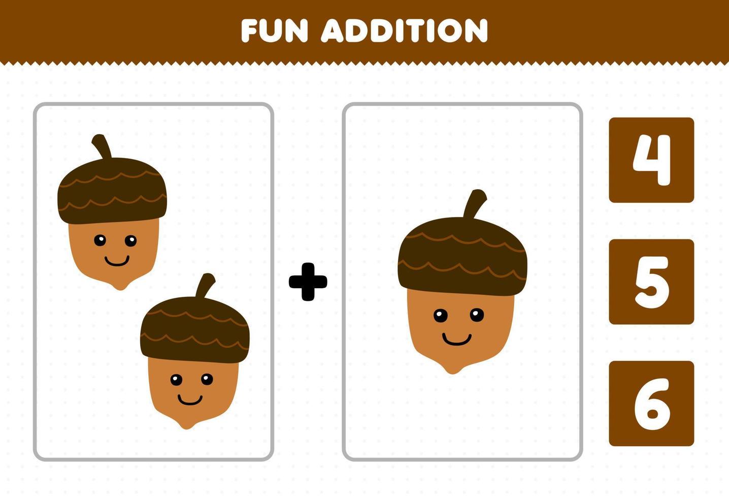 Education game for children fun addition by count and choose the correct answer of cute cartoon acorn printable nature worksheet vector