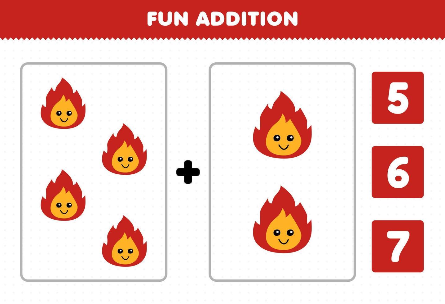 juego de educación para niños diversión adición por conteo y elegir la respuesta correcta de hoja de trabajo de naturaleza imprimible de dibujos animados lindo fuego vector