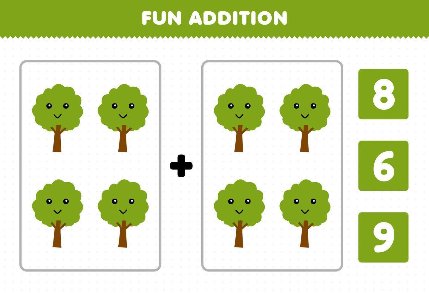 Education game for children fun addition by count and choose the correct answer of cute cartoon tree printable nature worksheet vector