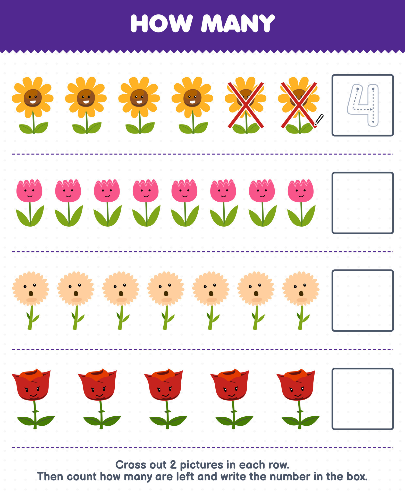 Education game for children count how many cute cartoon flower and write the number in the box