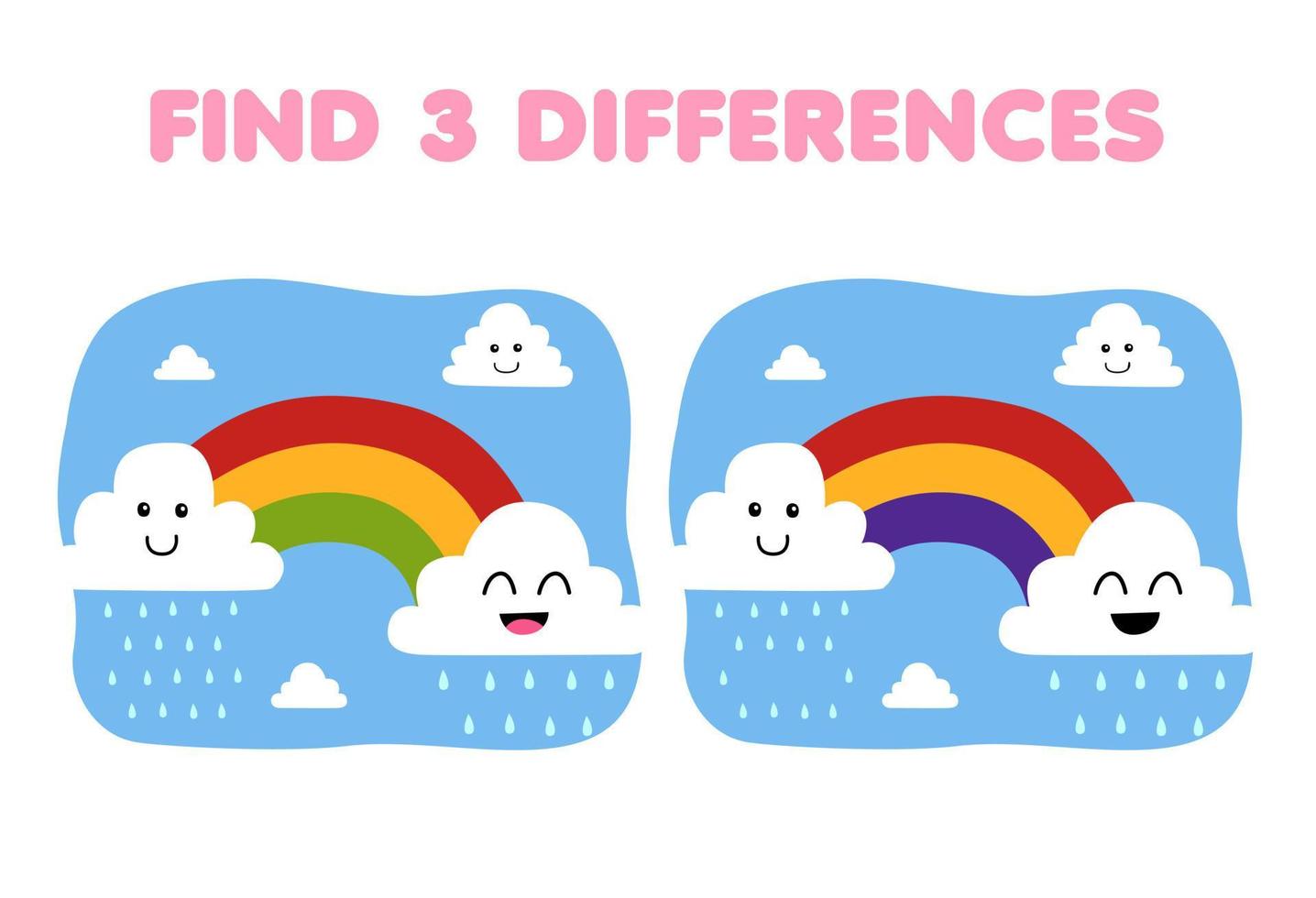 Education game for children find three differences between two cute cartoon rainy cloud with rainbow printable nature worksheet vector