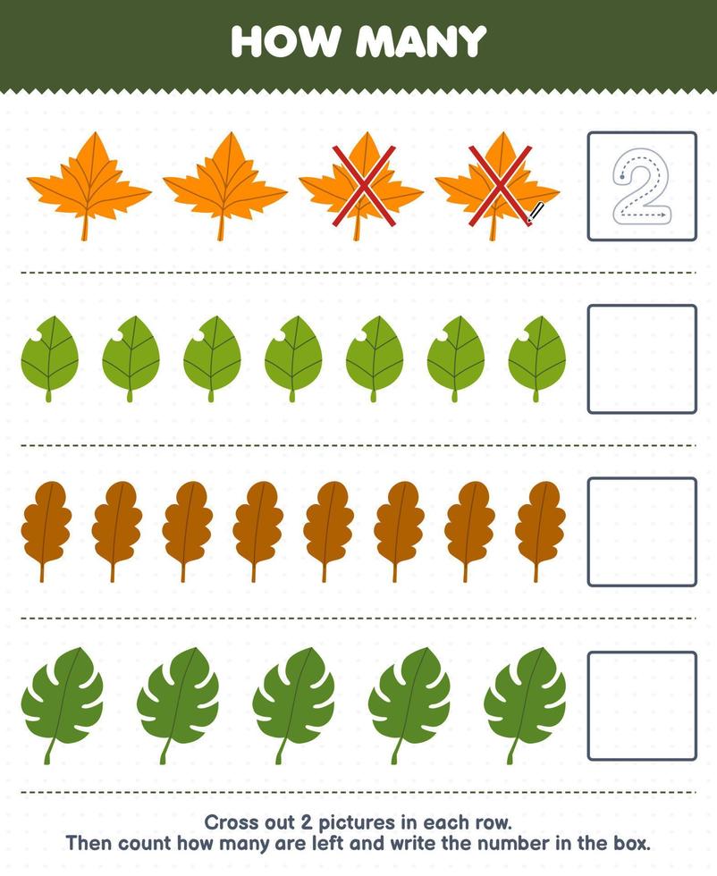 Education game for children count how many cute cartoon leaf and write the number in the box