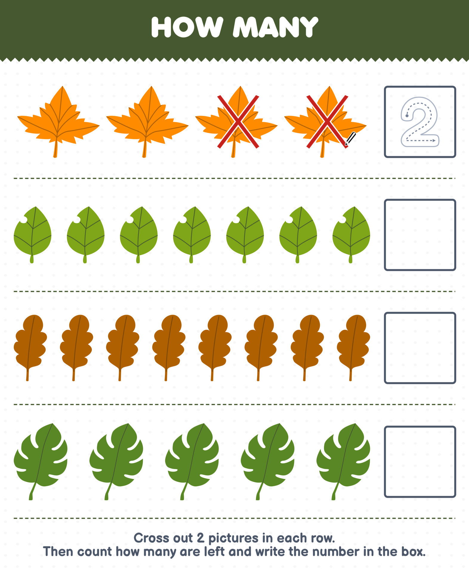 Education game for children count how many cute cartoon leaf and write