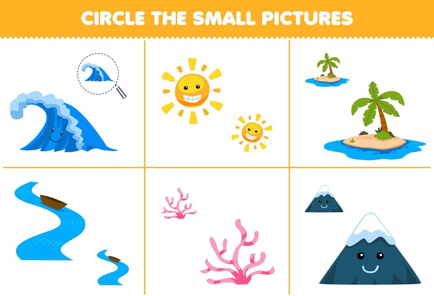 juego educativo para niños encierra en un círculo la imagen pequeña de una linda caricatura ola sol isla río coral montaña naturaleza imprimible hoja de trabajo vector