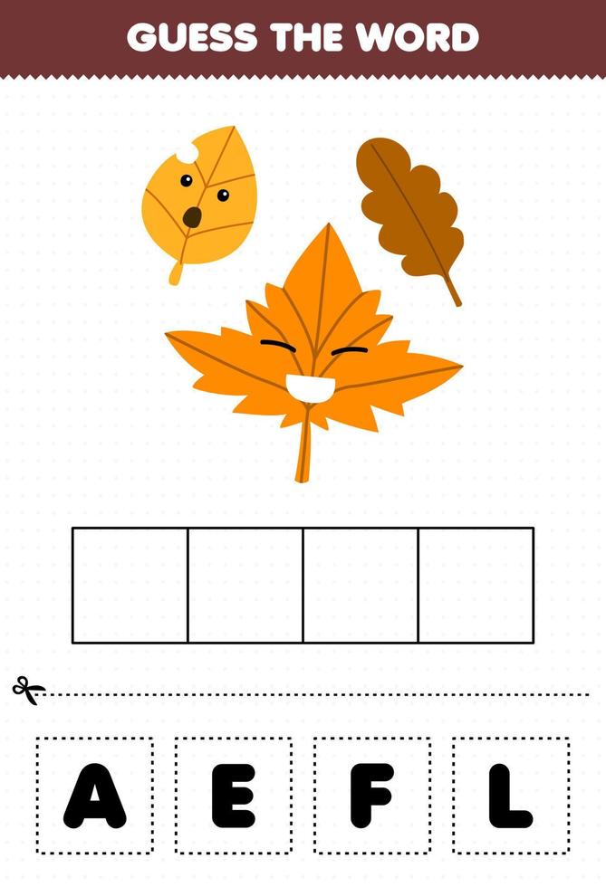 Education game for children guess the word letters practicing of cute cartoon leaf printable nature worksheet vector