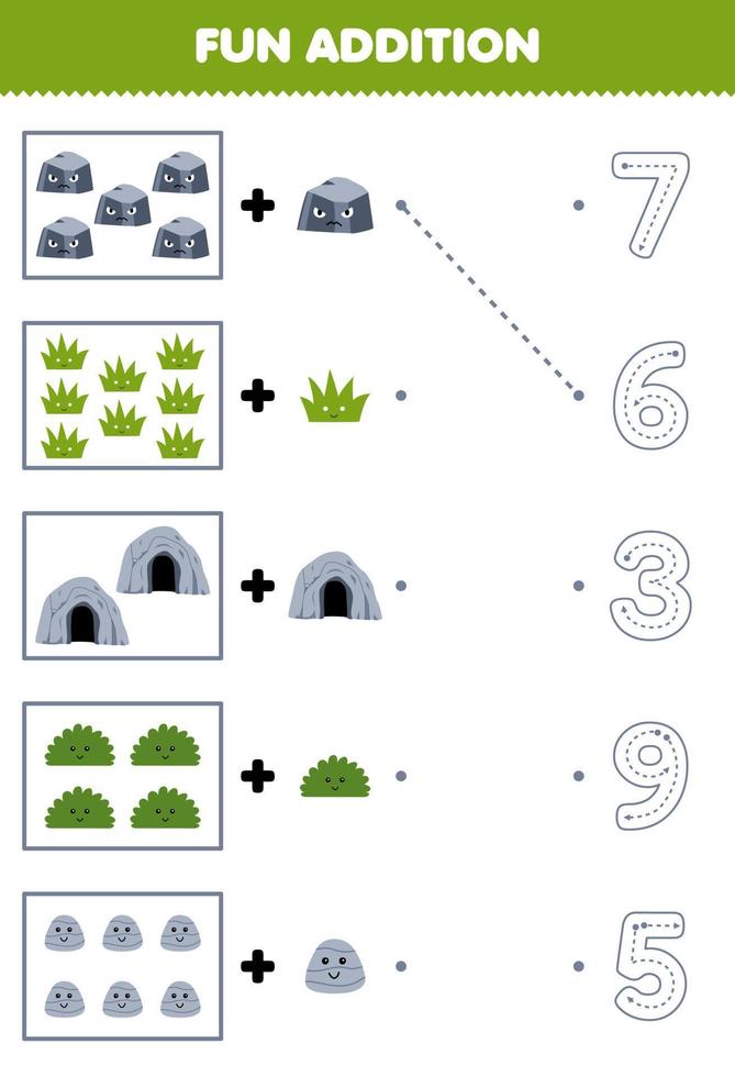 Education game for children fun counting and add one more cartoon stone grass cave bush then choose the correct number nature worksheet vector