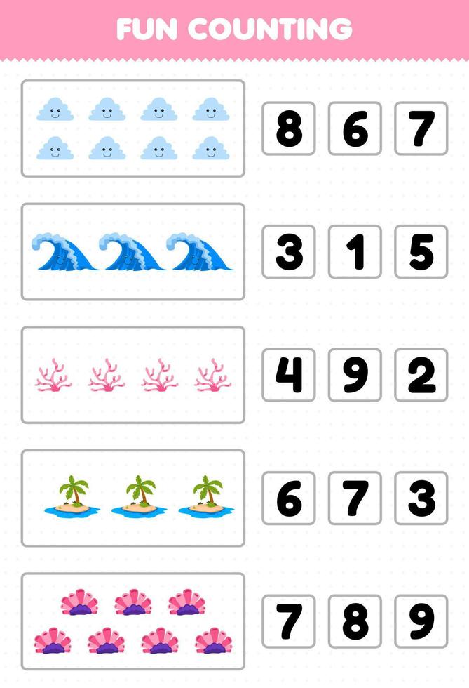 juego educativo para niños diversión contando y eligiendo el número correcto de hoja de trabajo de naturaleza imprimible de isla de coral de onda de nube de dibujos animados lindo vector