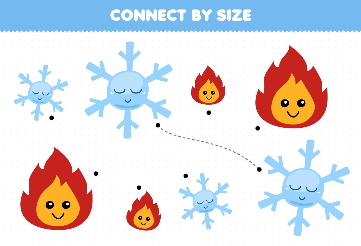 Educational game for kids connect by the size of cute cartoon fire and snowflake printable nature worksheet vector