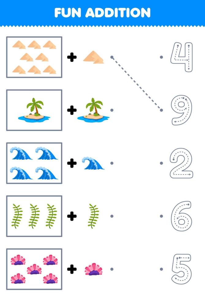 juego educativo para niños divertido contar y agregar una isla de arena de dibujos animados ola coral de algas y luego elegir el número correcto hoja de trabajo de la naturaleza vector