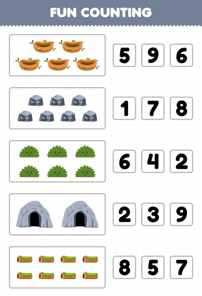 juego educativo para niños diversión contando y eligiendo el número correcto de lindos dibujos animados nido piedra arbusto cueva tronco de madera hoja de trabajo de naturaleza imprimible vector