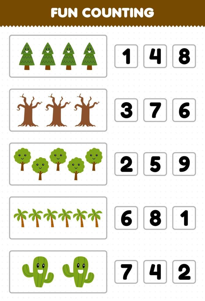 Education game for children fun counting and choosing the correct number of cute cartoon tree printable nature worksheet vector