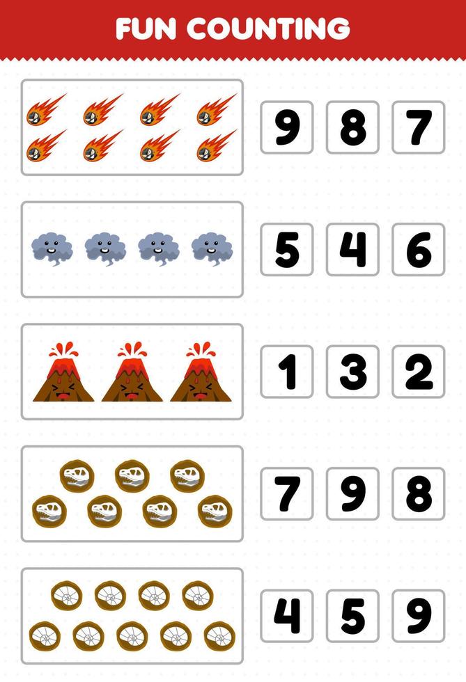 juego educativo para niños diversión contando y eligiendo el número correcto de linda caricatura meteorito humo volcán fósil hoja de trabajo imprimible naturaleza vector