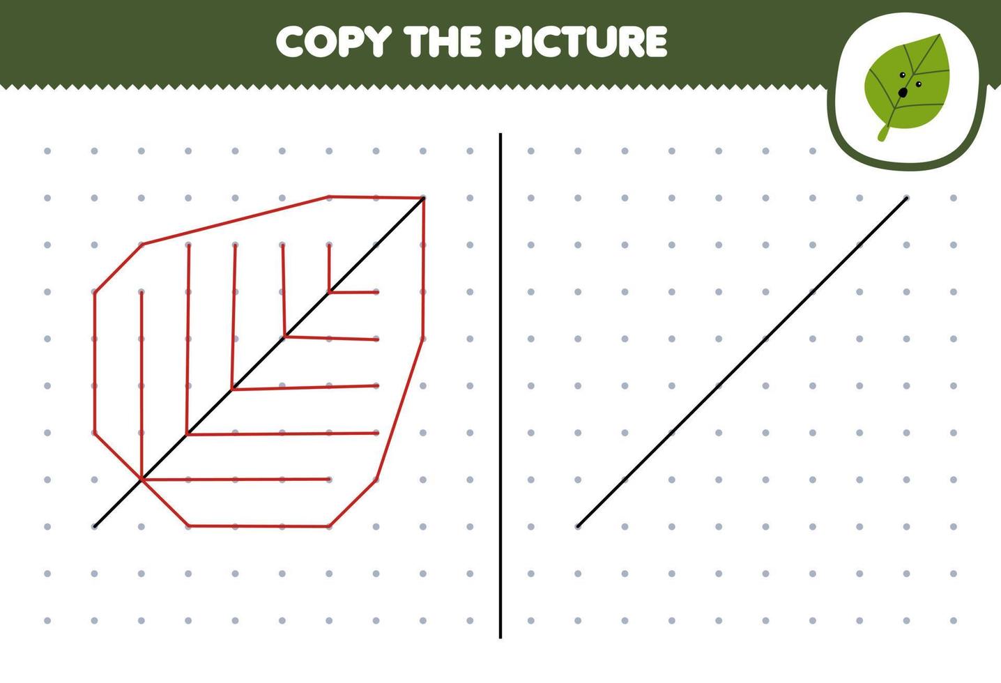 Education game for children copy cute cartoon leaf picture by connecting the dot printable nature worksheet vector