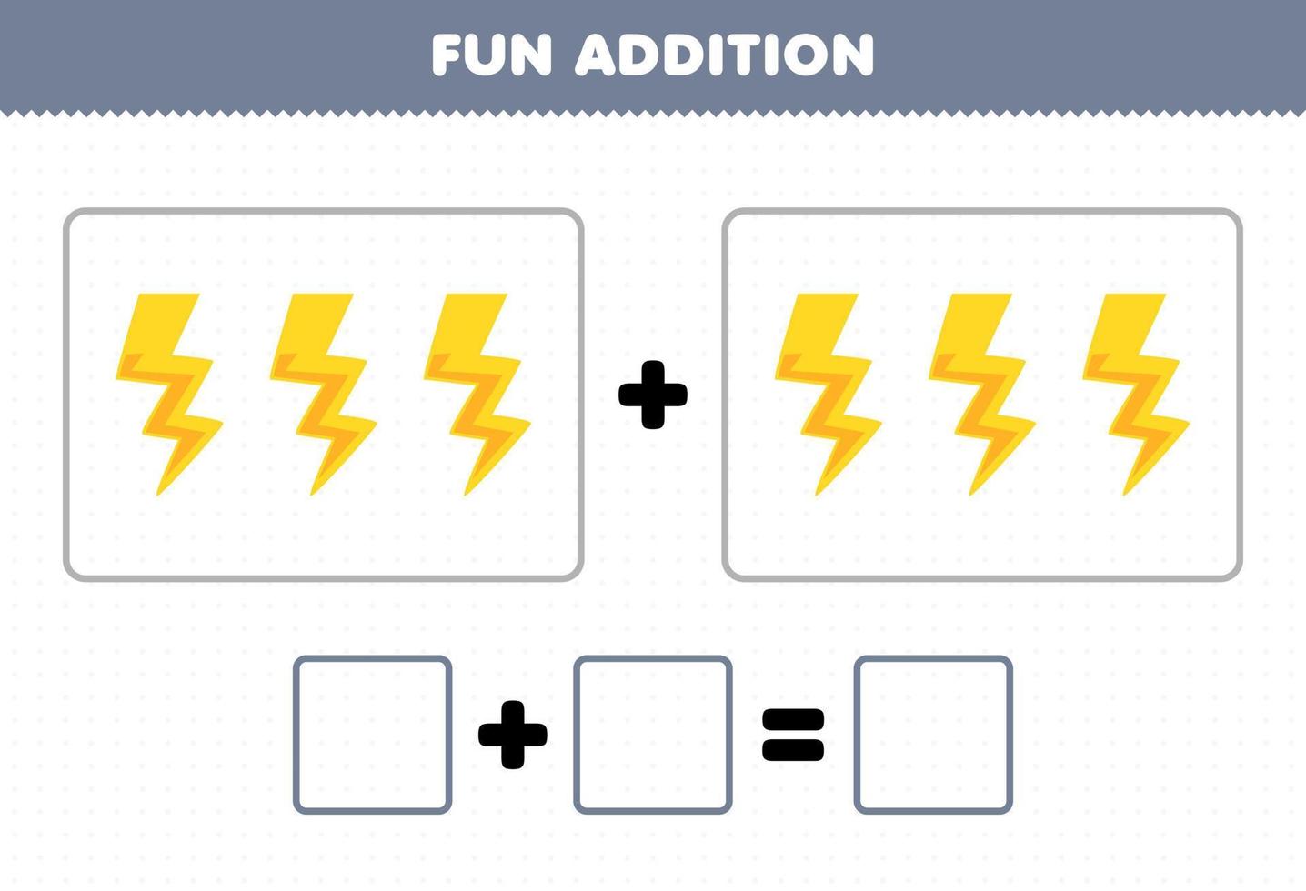 Education game for children fun addition by counting cute cartoon thunder pictures printable nature worksheet vector