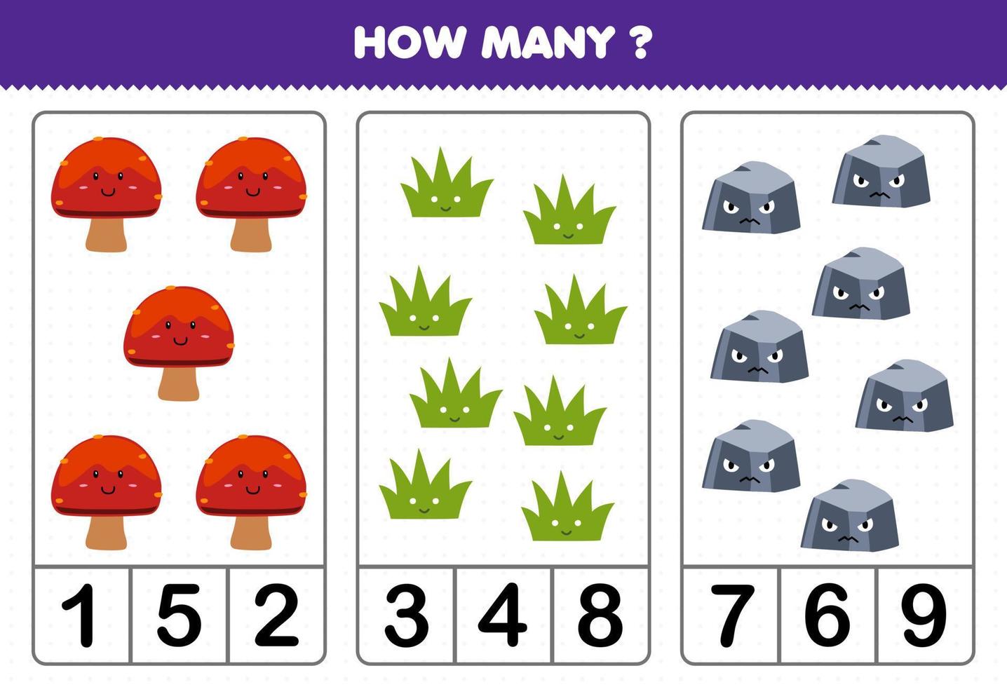Education game for children counting how many cute cartoon mushroom grass stone printable nature worksheet vector