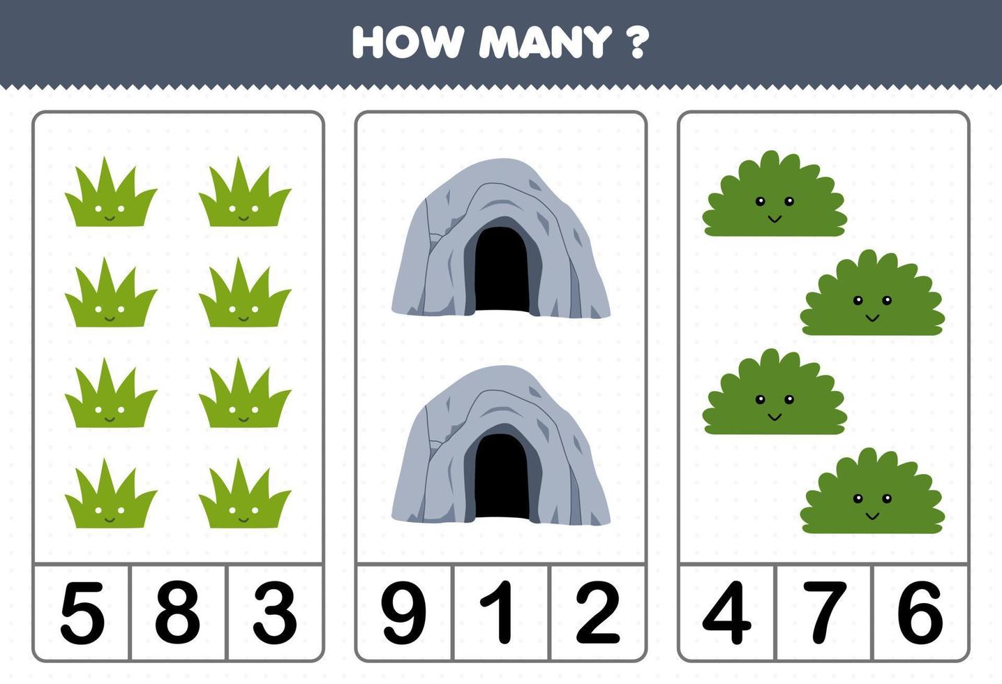 Education game for children counting how many cute cartoon grass cave bush printable nature worksheet vector