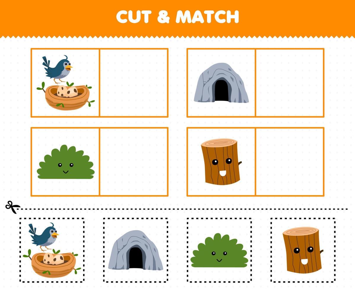 Education game for children cut and match the same picture of cute cartoon bird nest cave bush wood log printable nature worksheet vector