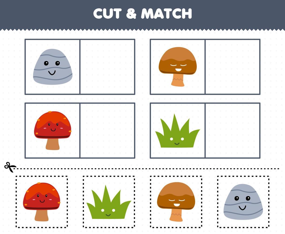 Education game for children cut and match the same picture of cute cartoon stone mushroom grass printable nature worksheet vector