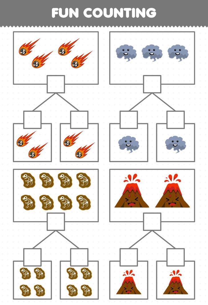 juego educativo para niños diversión contando imágenes en cada caja de dibujos animados lindo meteorito humo fósil volcán hoja de trabajo de naturaleza imprimible vector