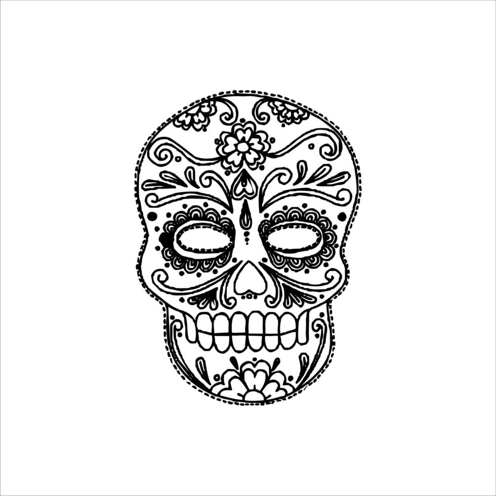 vector de cráneo mexicano con patrón. bosquejo del diseño del tatuaje del cráneo del estilo del tatuaje de la vieja escuela. ilustración en blanco y negro. ilustración de calavera mexicana