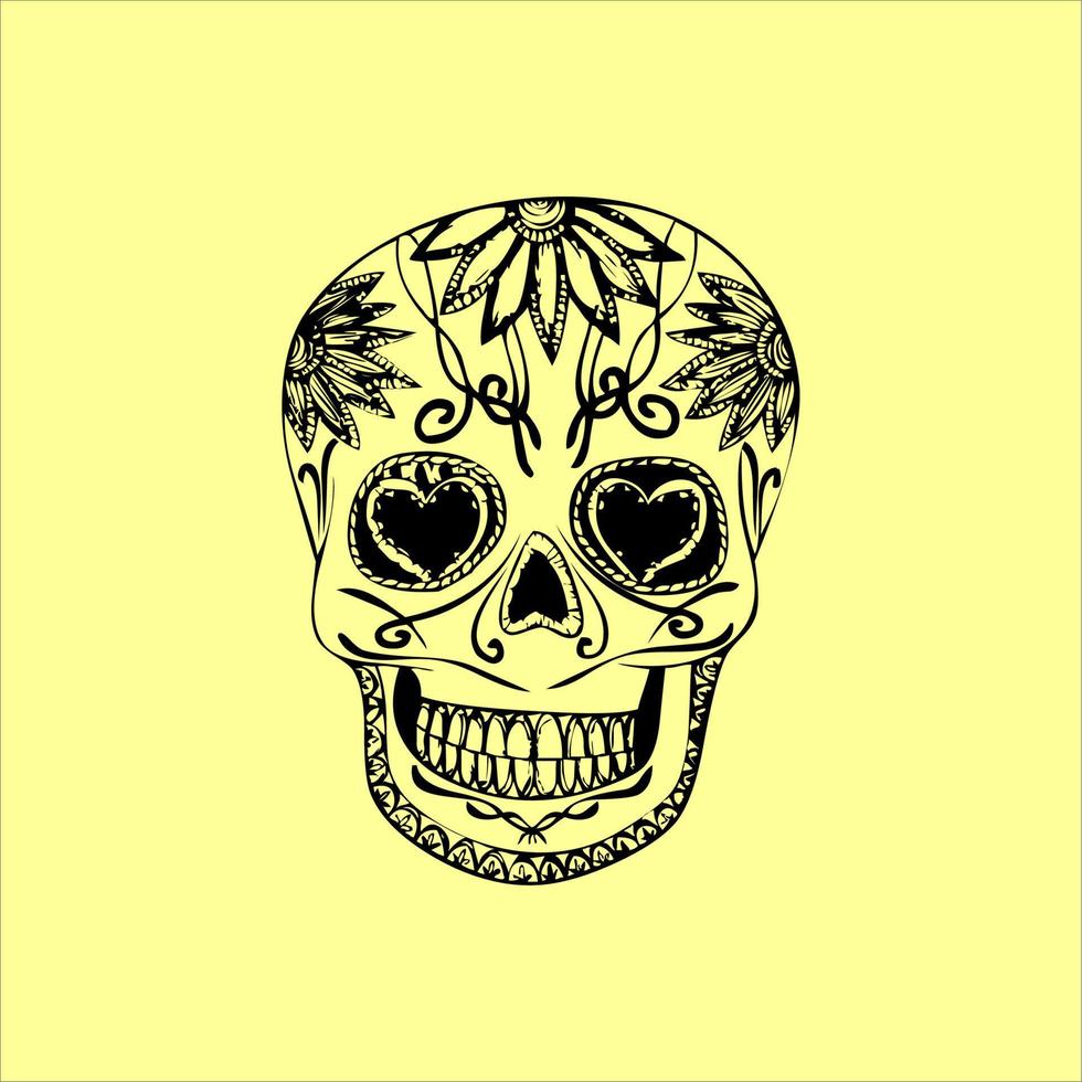 Mexican Skull Vector with Pattern. old school tattoo style Skull tattoo design sketch. Black and white illustration. mexican skull illustration