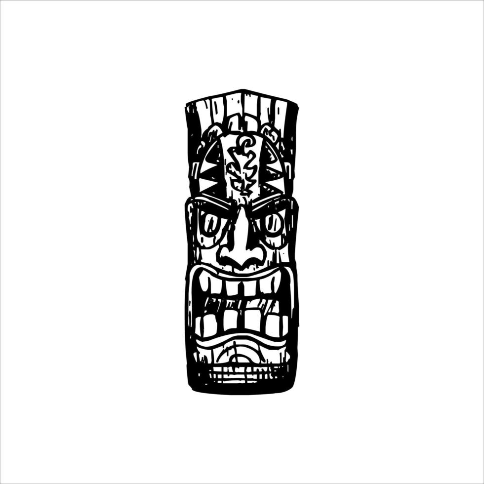 silueta del icono del ídolo tiki. ilustración simple de un ícono de ídolo tiki para diseño web aislado en un fondo blanco, máscara de madera tribal tiki, planta exótica tropical y tablero de bambú. Hawai tradicional vector