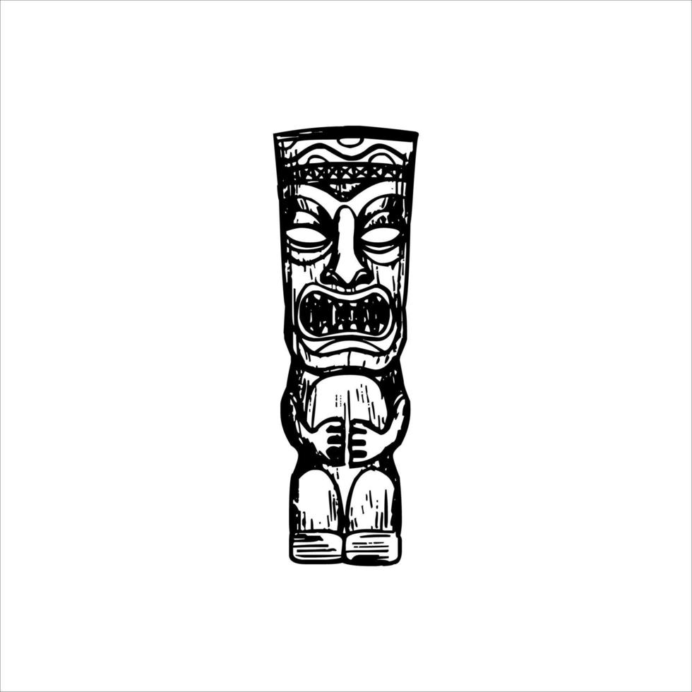 silueta del icono del ídolo tiki. ilustración simple de un ícono de ídolo tiki para diseño web aislado en un fondo blanco, máscara de madera tribal tiki, planta exótica tropical y tablero de bambú. Hawai tradicional vector