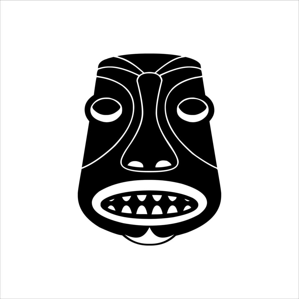 silueta del icono del ídolo tiki. ilustración simple de un ícono de ídolo tiki para diseño web aislado en un fondo blanco, máscara de madera tribal tiki, planta exótica tropical y tablero de bambú. Hawai tradicional vector