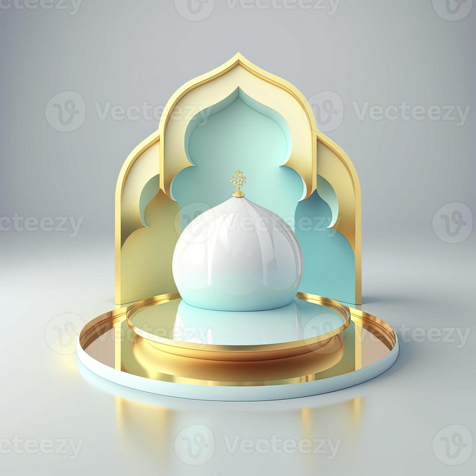 Islamic ramadan podium background of futuristic and modern 3d realistic mosque with scene and stage for product display photo
