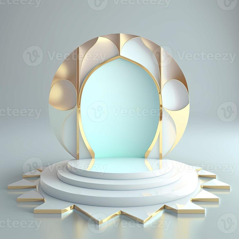 realistic 3d islamic scene background shiny diamond color effect with mosque gate for podium and product display stage photo