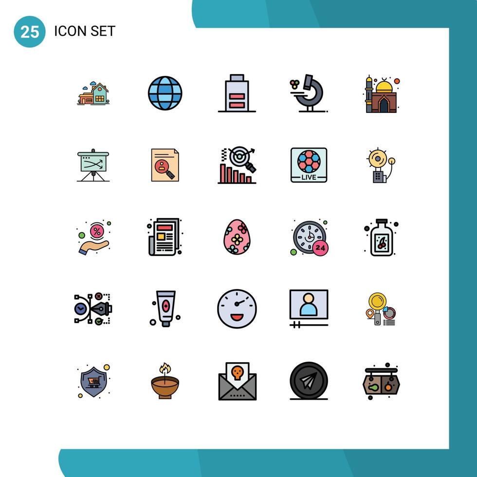 Pictogram Set of 25 Simple Filled line Flat Colors of mosque muslim battery science education Editable Vector Design Elements