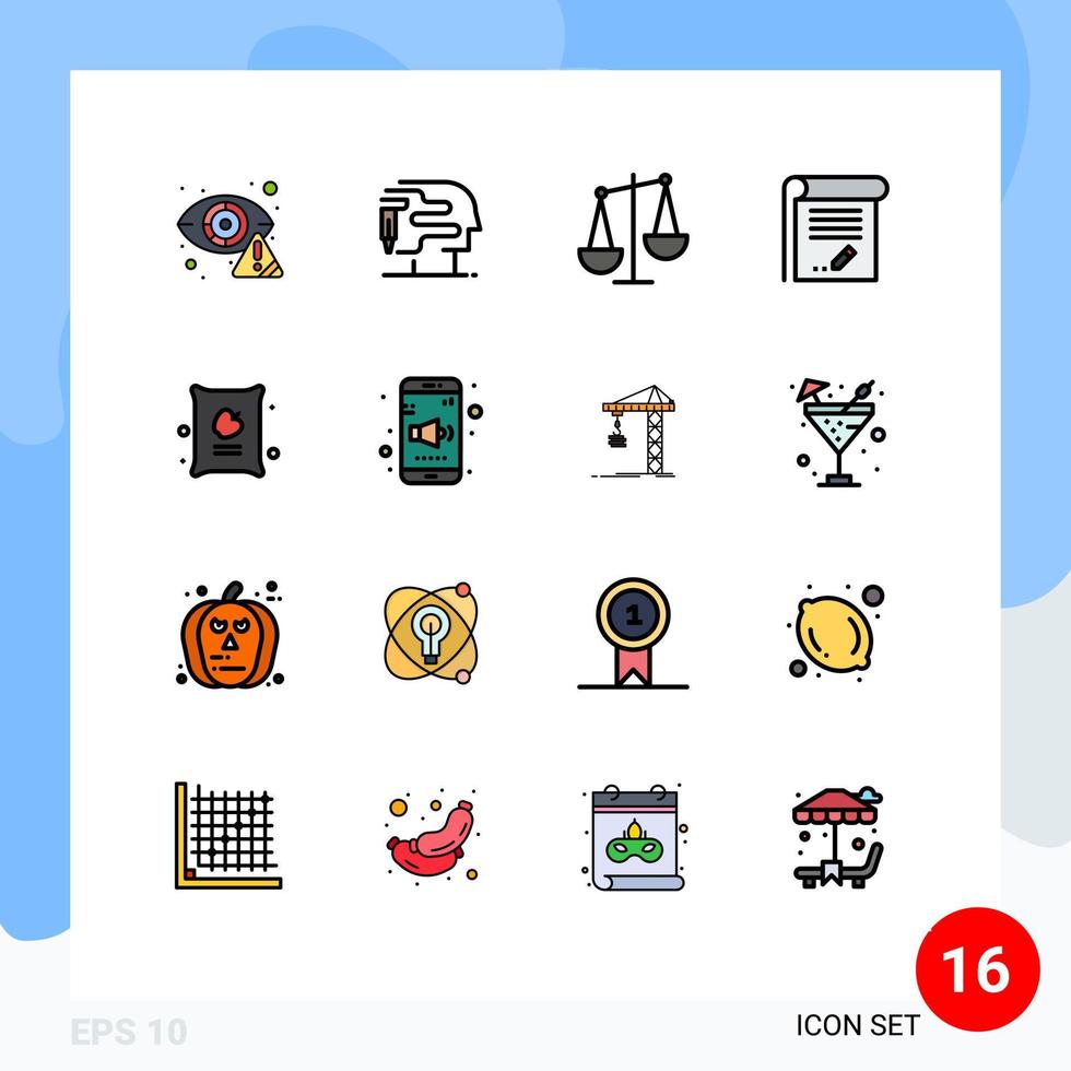 Set of 16 Commercial Flat Color Filled Lines pack for farming note balance knowledge document Editable Creative Vector Design Elements