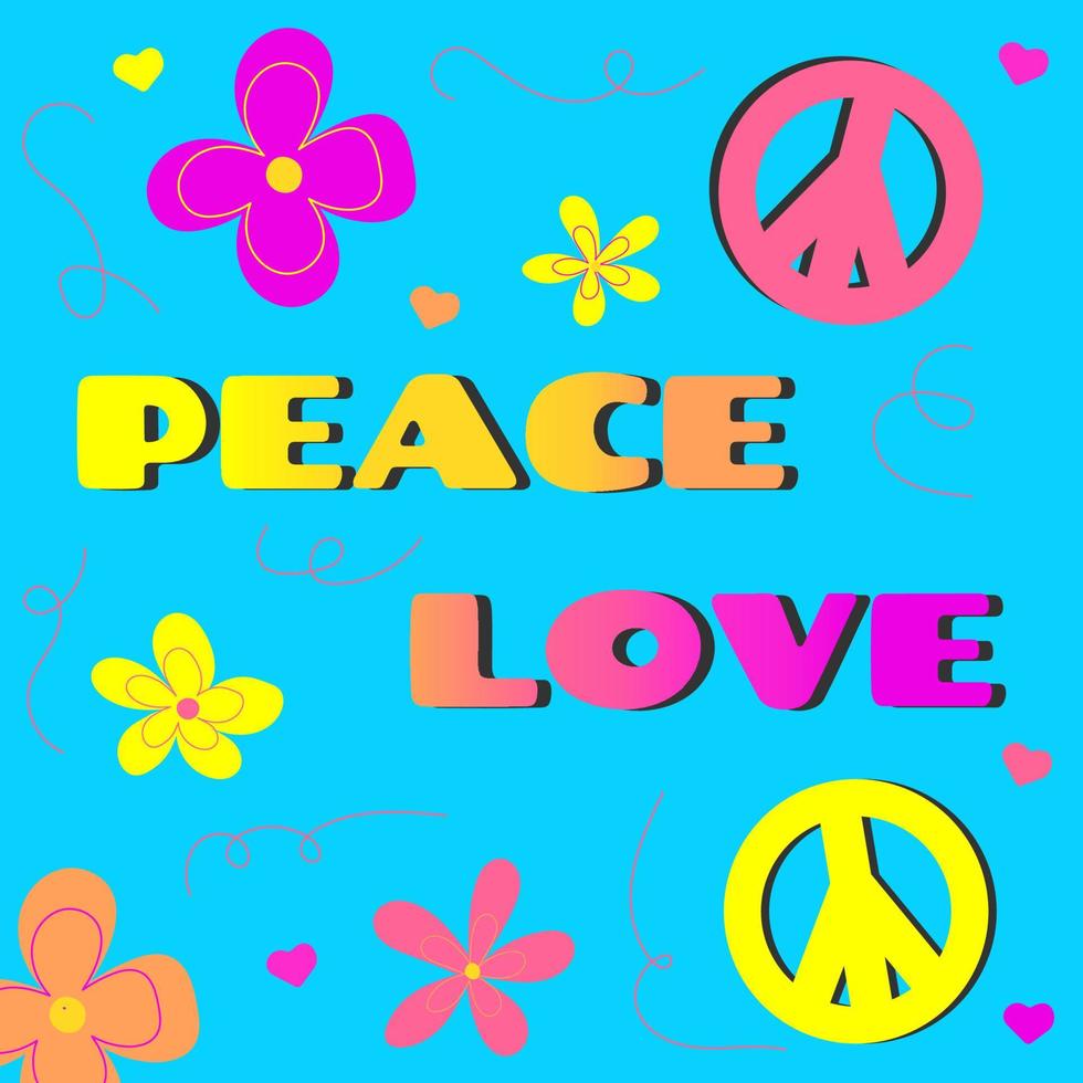 Icon, sticker in hippie style with text Love, Peace with hearts on handrow style on bright blue background in retro style. vector