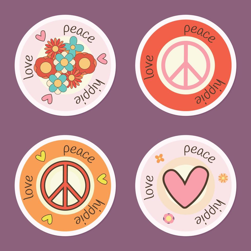 Set icons, stickers in hippie style with Peace sign, text peace, love, hippie, flowers and hearts. Retro style vector