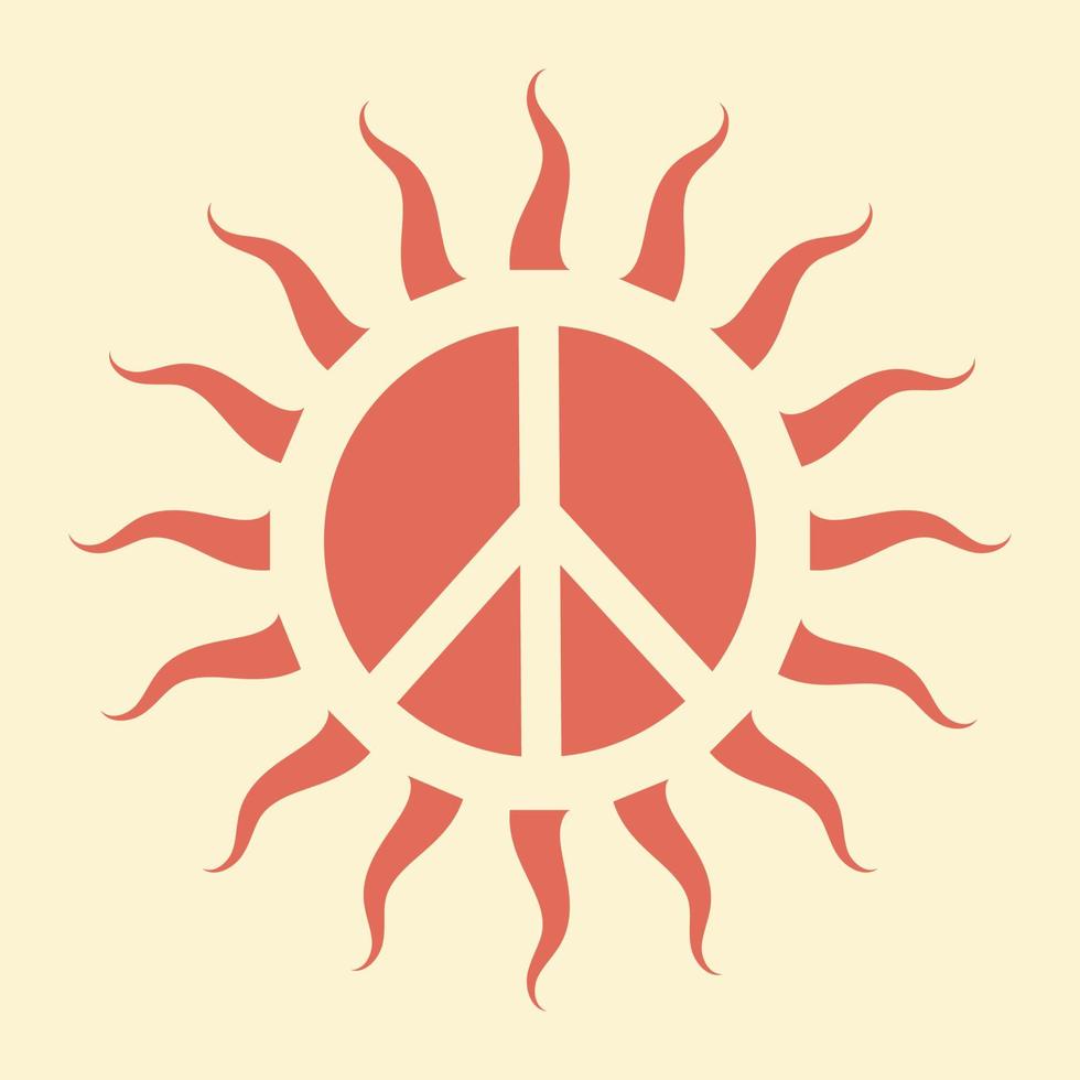 icono, pegatina en estilo hippie con signo de paz soleado naranja sobre fondo beige. estilo retro vector