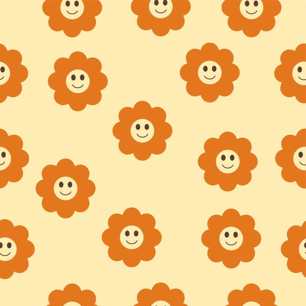 seamless pattern with orange flowers with smile and eyes, in the style of a hippie on a yellow background. vector