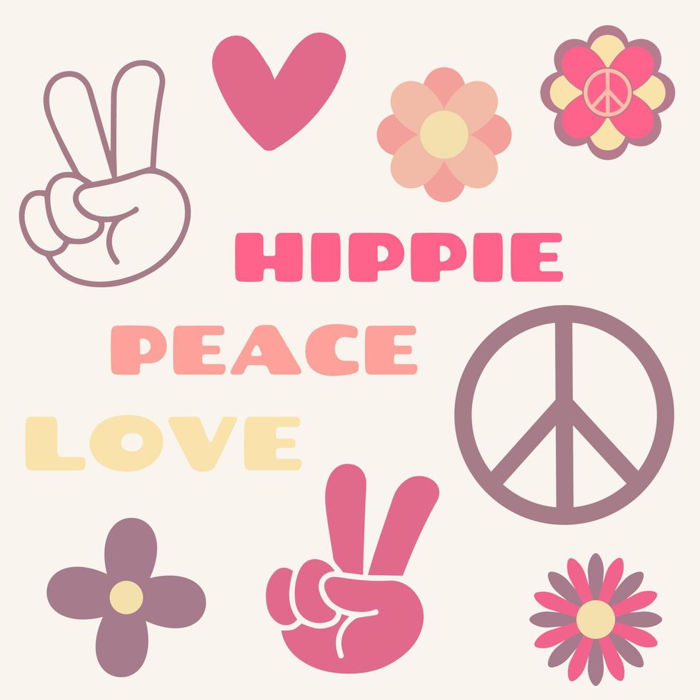 Icon, sticker in hippie style with text Love, Peace, Hippie and hearts, victory signs, flowers in retro style. vector