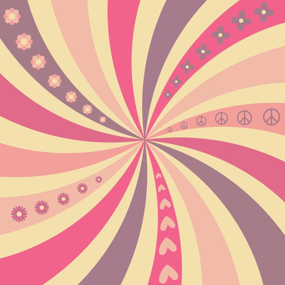 Waves background in hippie style with peace sign, hearts, flowers. Pink, violet, beige colors vector