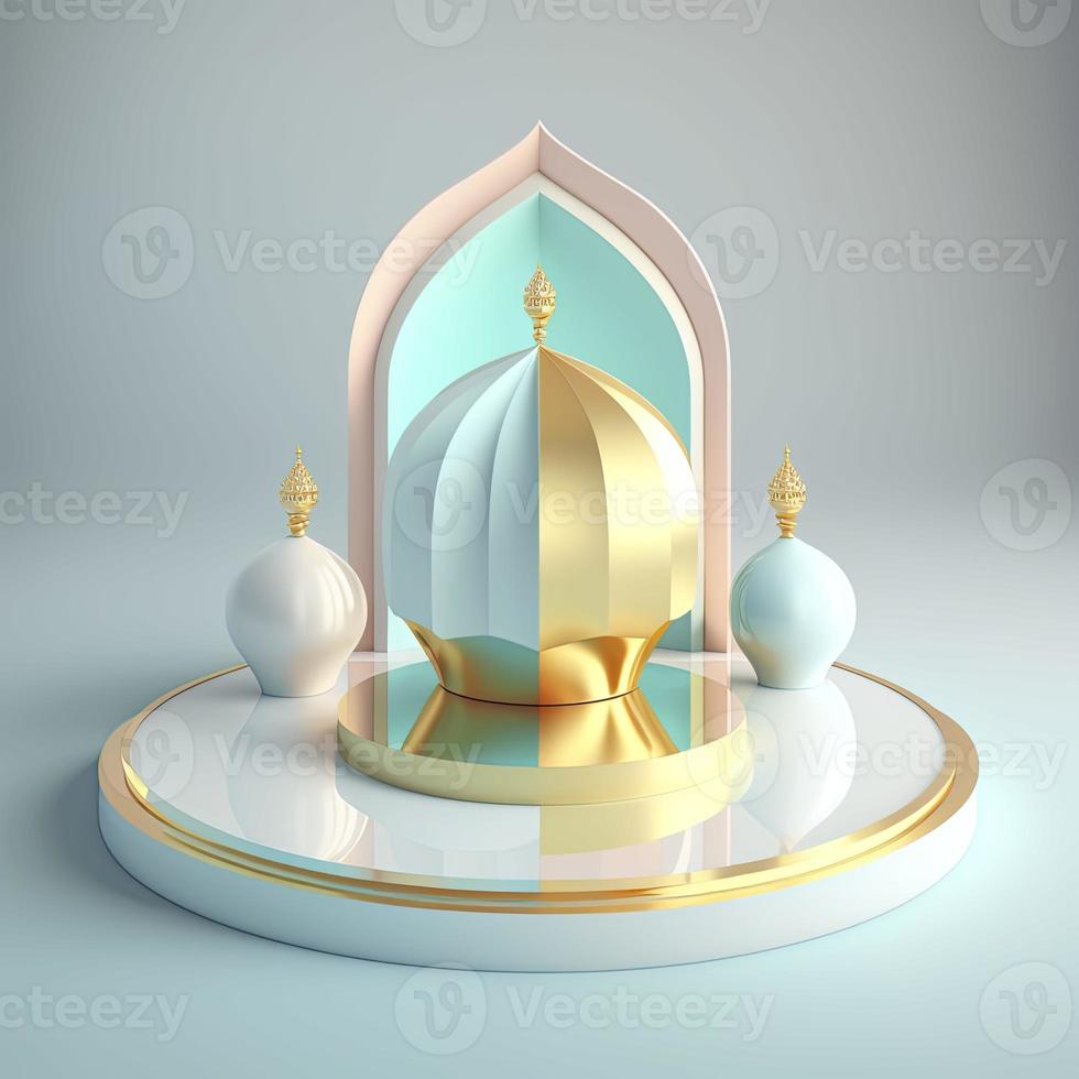 Islamic ramadan podium background of futuristic and modern 3d realistic mosque with scene and stage for product display photo