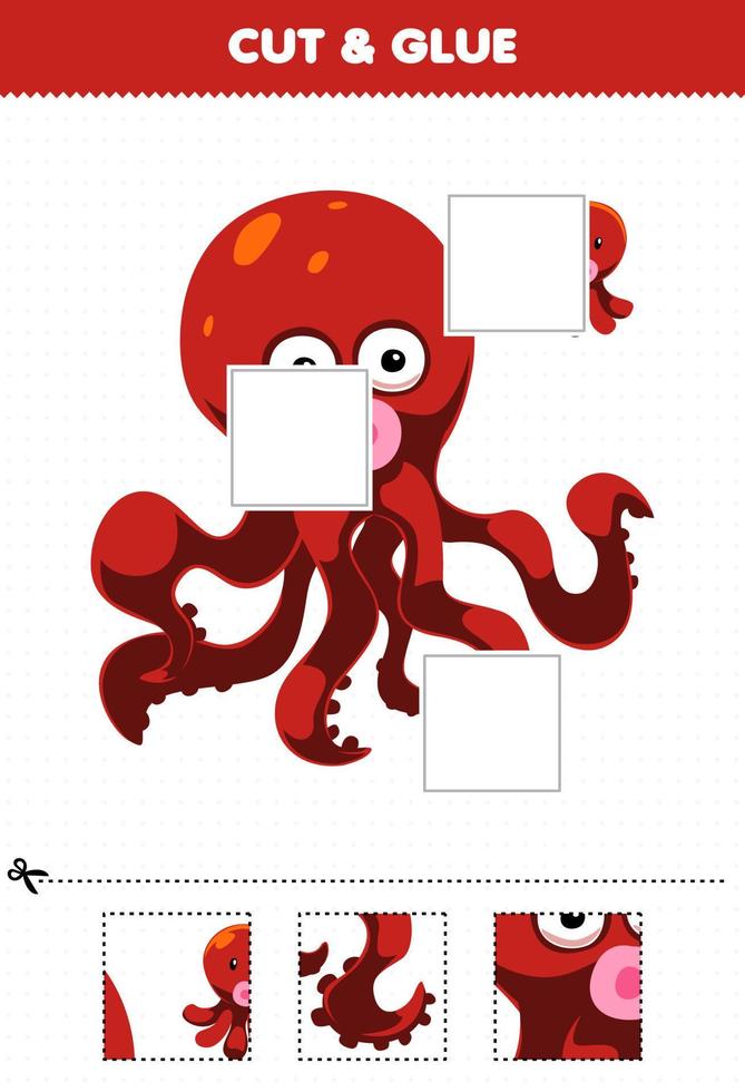 juego educativo para niños corta y pega partes cortadas de un lindo pulpo de dibujos animados y pégalas hoja de trabajo subacuática imprimible vector